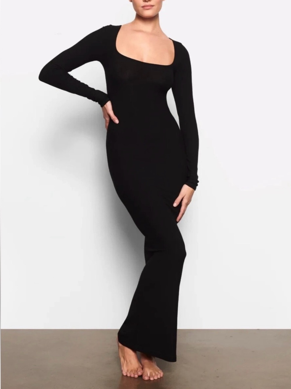 Skims Soft Lounge Black Long Sleeve Maxi Dress with Square Scoop Neck